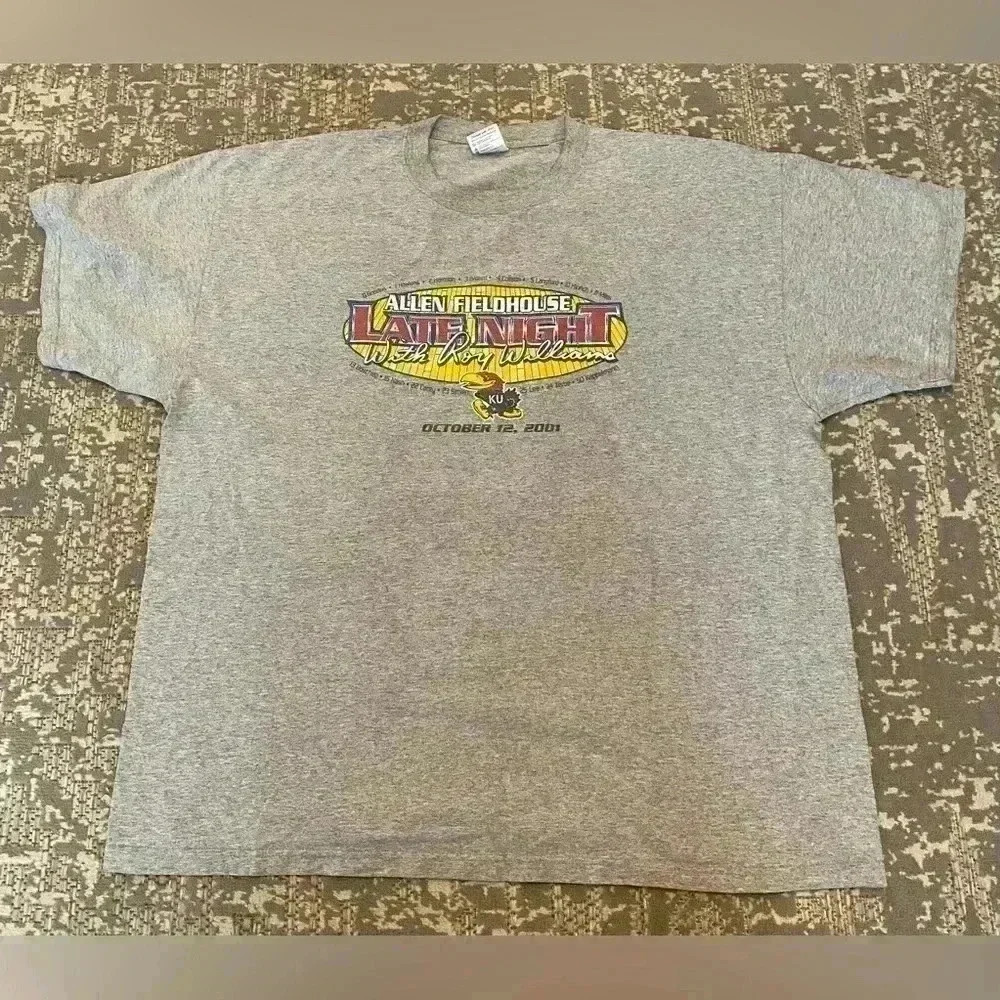 Kansas Jayhawks 2001 Late Night Short Sleeve Men’s size 2XL color Grey flaws